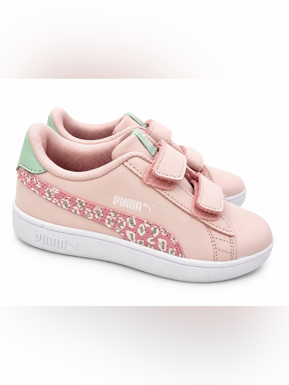 Puma Smash v2 Roar V Kids Size 2C Pink Mint Leopard Sneakers 380907-02 Excellent